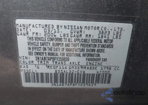 2015 Nissan Sentra Sv z USA, uszkodzony, nr VIN 3N1AB7AP8FY259839